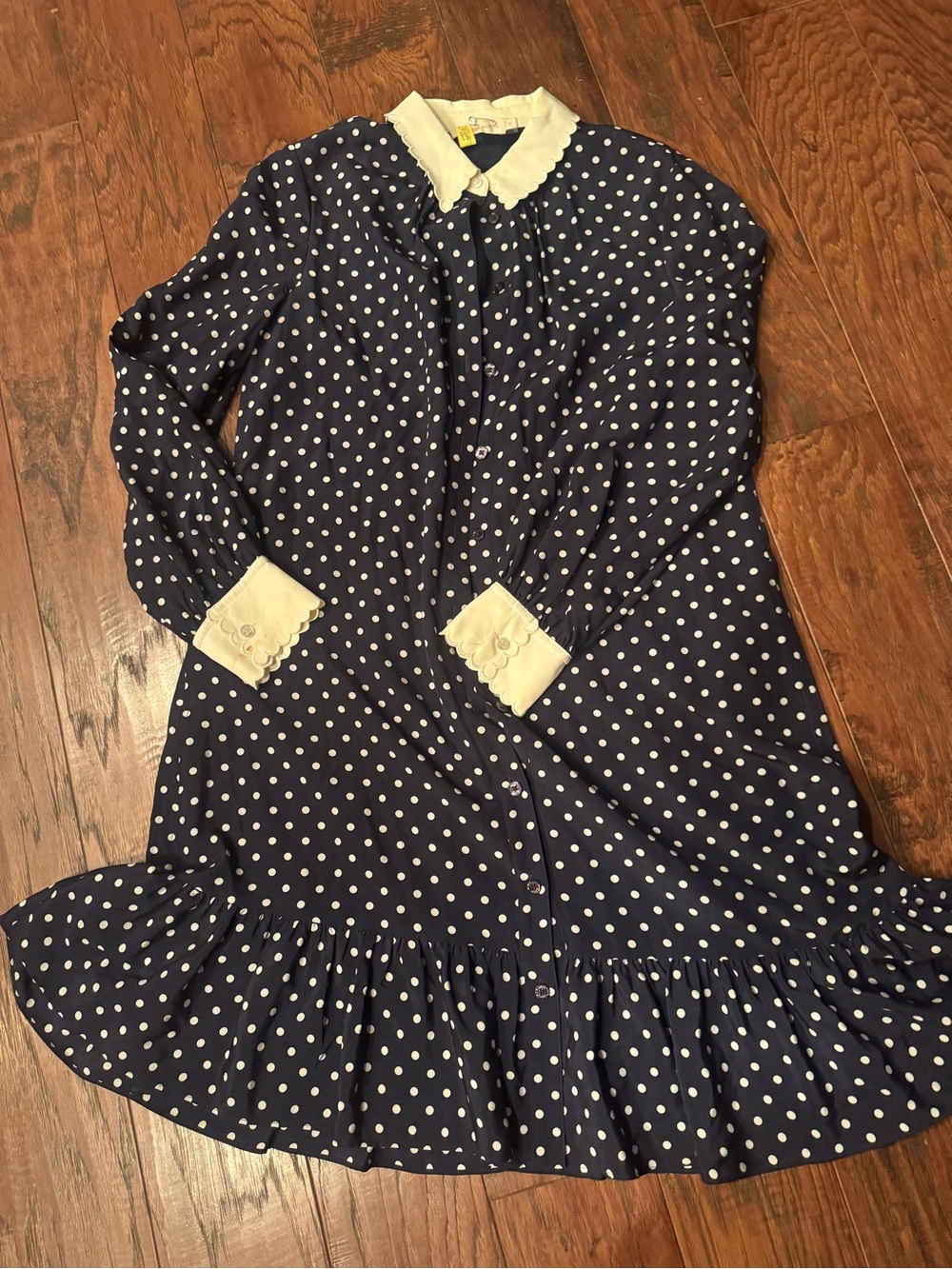 Tory Burch Navy Polka Dot Button-Front Dress with white Collar